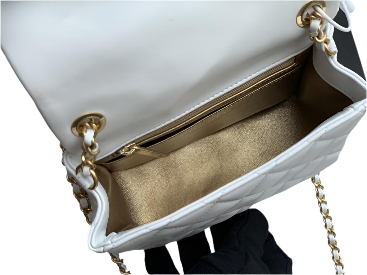 Chanel Mini Rectangular Flap Bag White Lambskin Gold CC & Pearl Ball Chain
