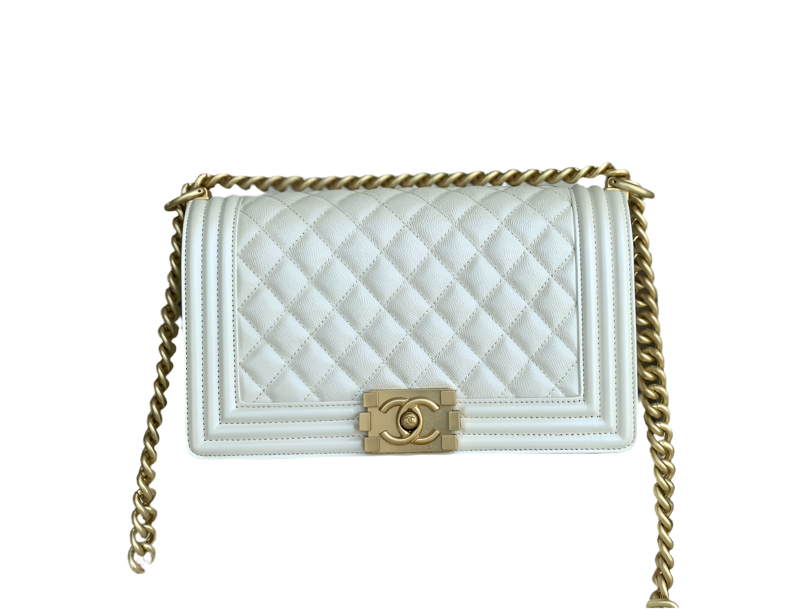 Chanel Boy Bag Medium 19K White Caviar Leather Gold Hardware