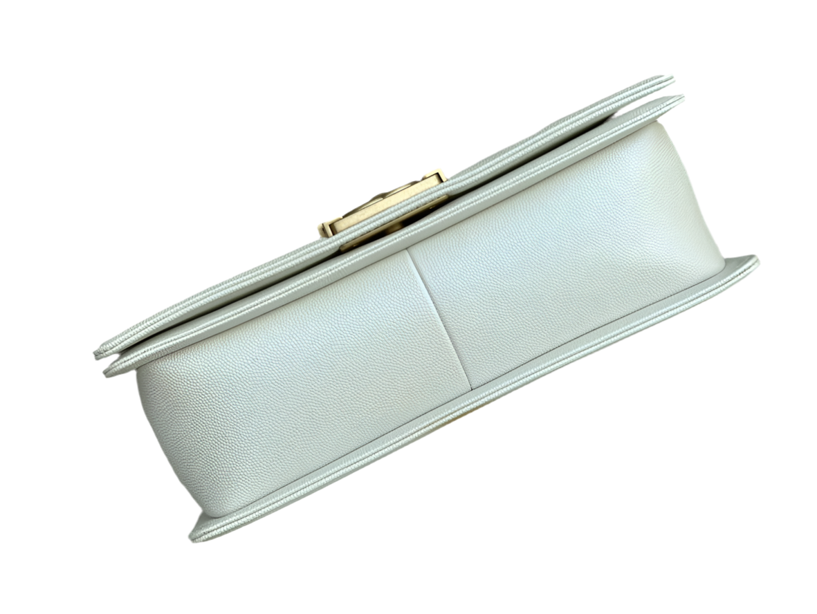 Chanel Boy Bag Medium 19K White Caviar Leather Gold Hardware