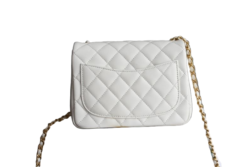 Chanel Classic Timeless Mini Flap Bag – White Lambskin Gold CC & Pearl Chain
