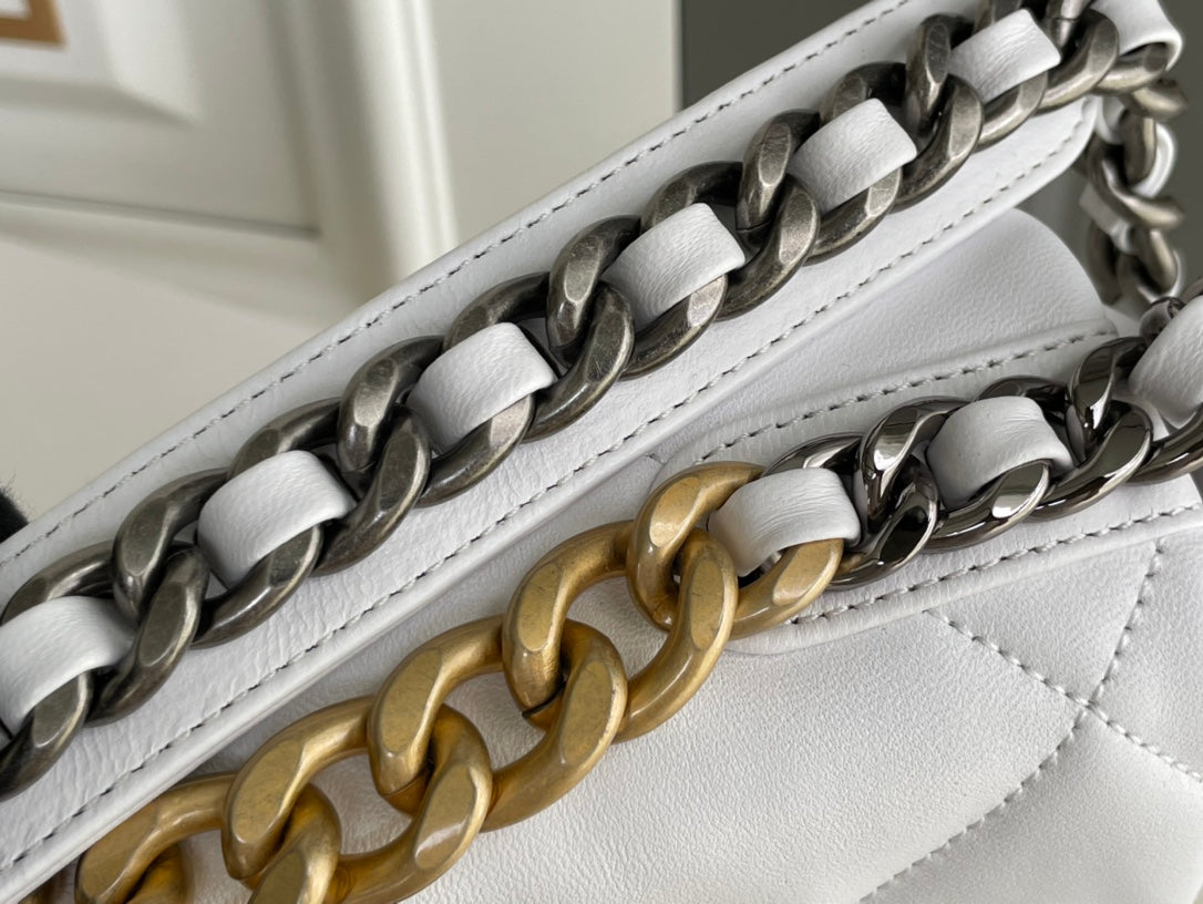 Chanel 19 Flap Bag White Lambskin Gold & Silver Hardware