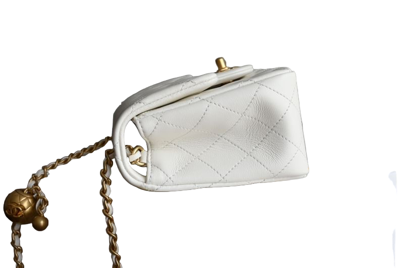 Chanel Classic Timeless Mini Flap Bag – White Lambskin Gold CC & Pearl Chain
