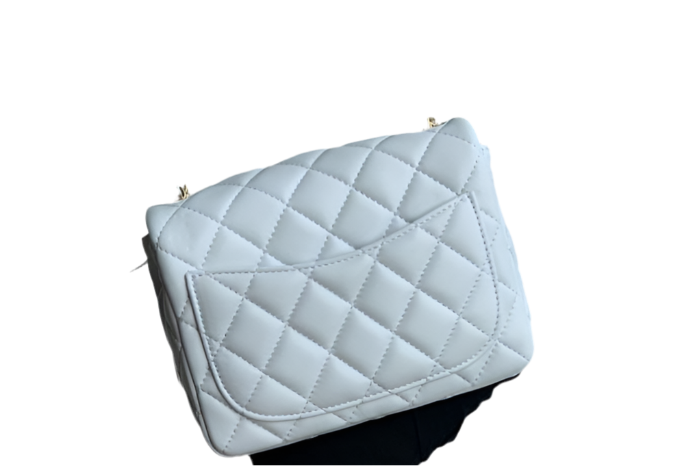 Chanel Mini Rectangular Flap Bag White Lambskin Gold CC & Pearl Ball Chain