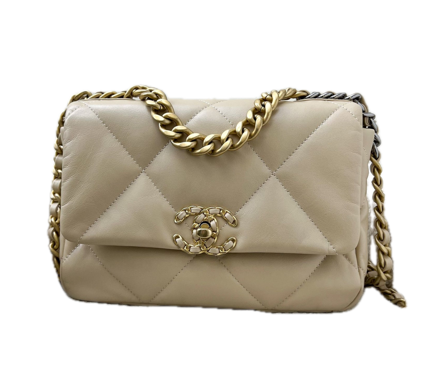 Chanel 19 Small Flap Bag Beige Lamsleer Preloved Designer Schoudertas