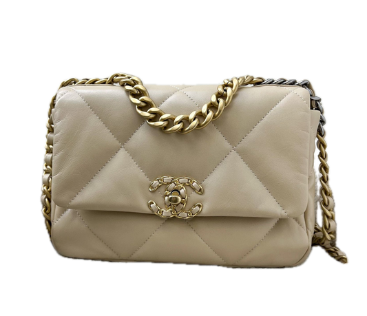Chanel 19 Small Flap Bag Beige Lamsleer Preloved Designer Schoudertas