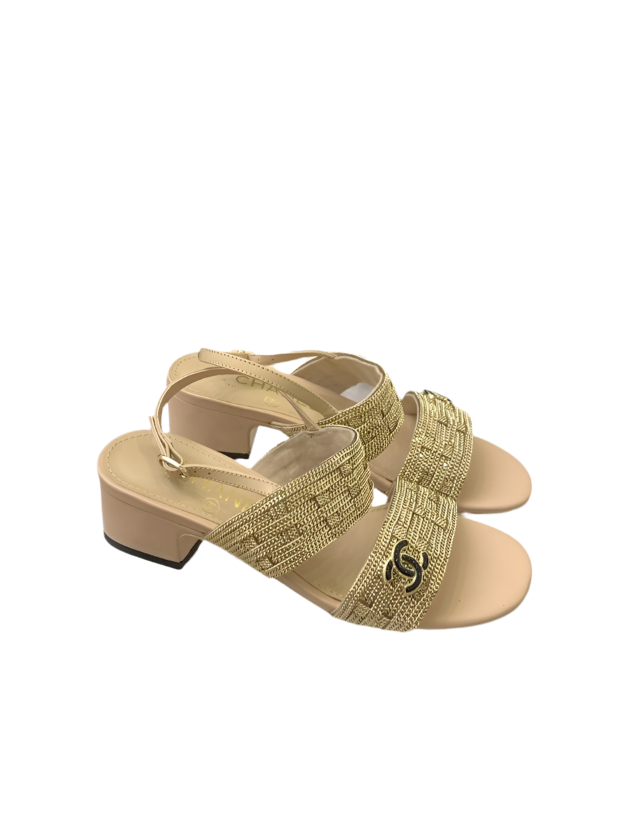 Chanel sandalen muiltjes met hak goud geweven