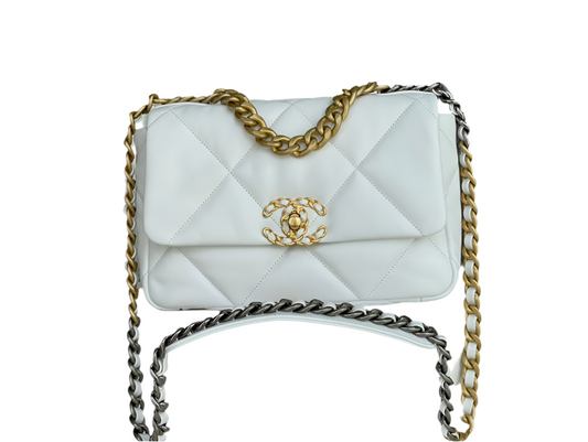 Chanel 19 Flap Bag White Lambskin Mixed Hardware Preloved Designer Bag