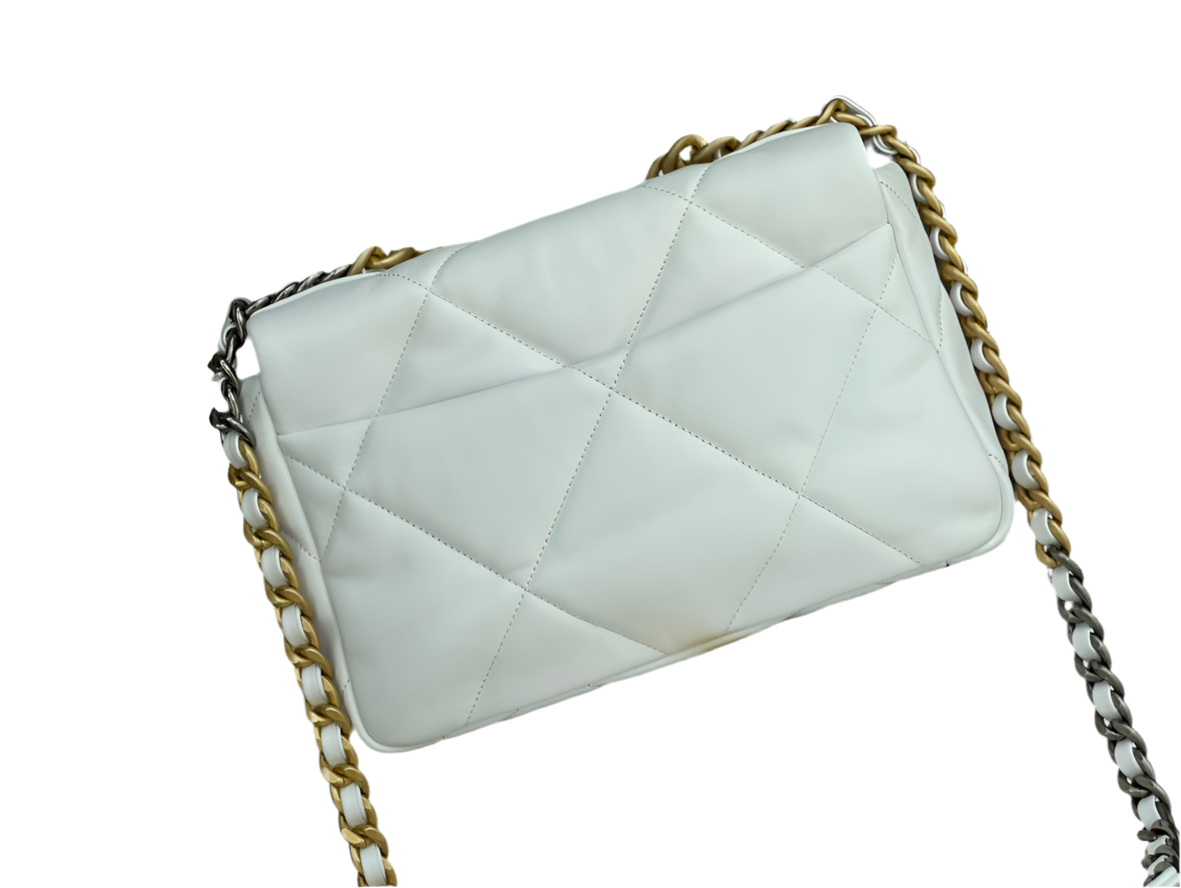 Chanel 19 Flap Bag White Lambskin Gold & Silver Hardware