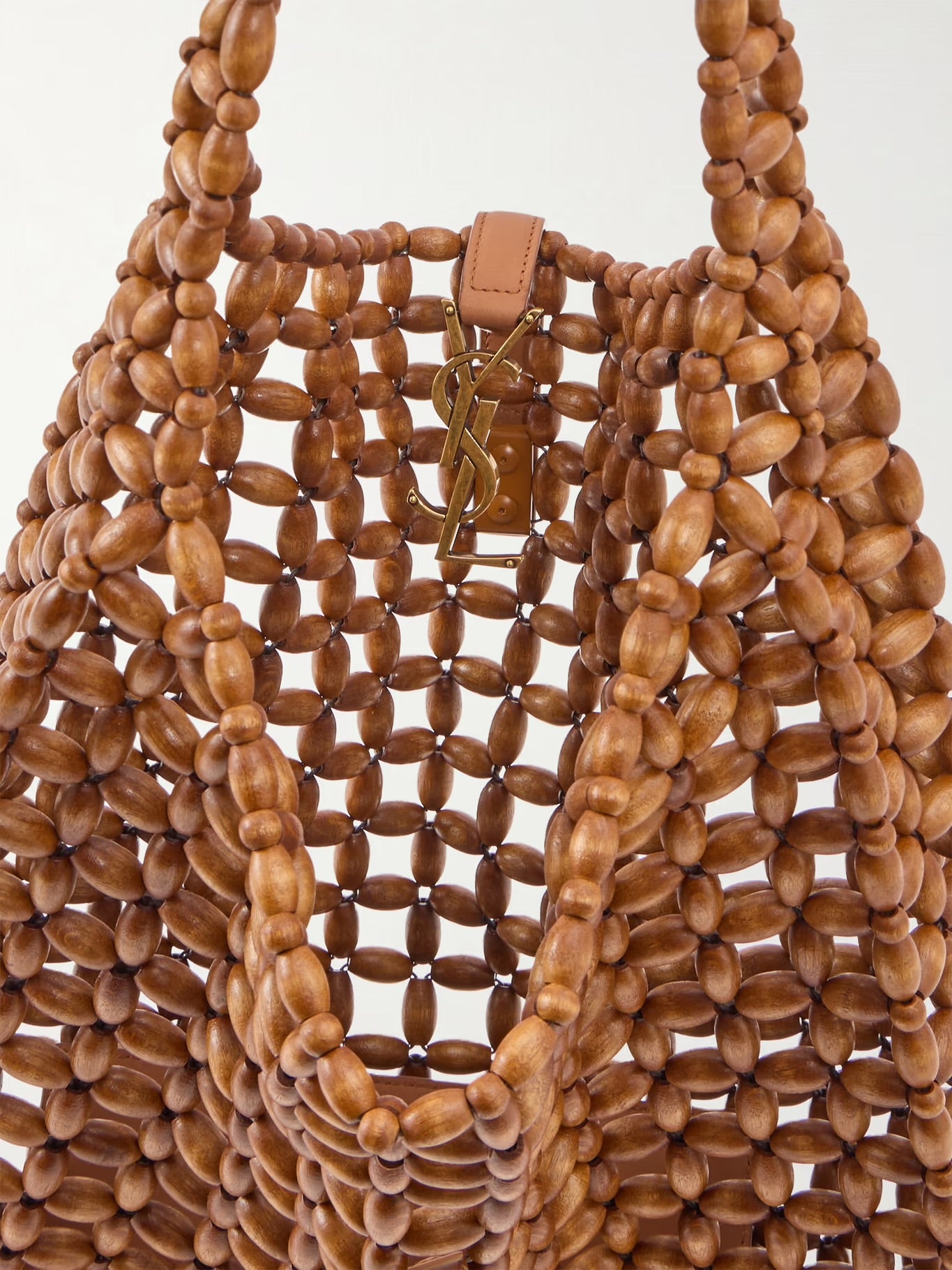 Saint Laurent Le 5 À 7 Large Beaded Wood Shoulder Bag Bruin Leer/Hout 35x31x10 cm Goudkleurige Cassandre