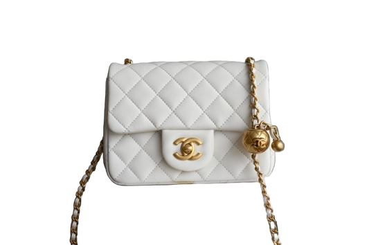 Chanel Classic Timeless Mini Flap Bag – White Lambskin Gold CC & Pearl Chain