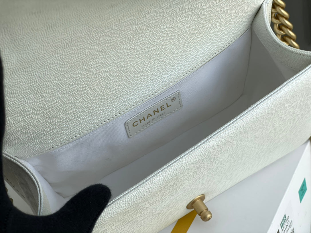 Chanel Boy Bag Medium 19K White Caviar Leather Gold Hardware