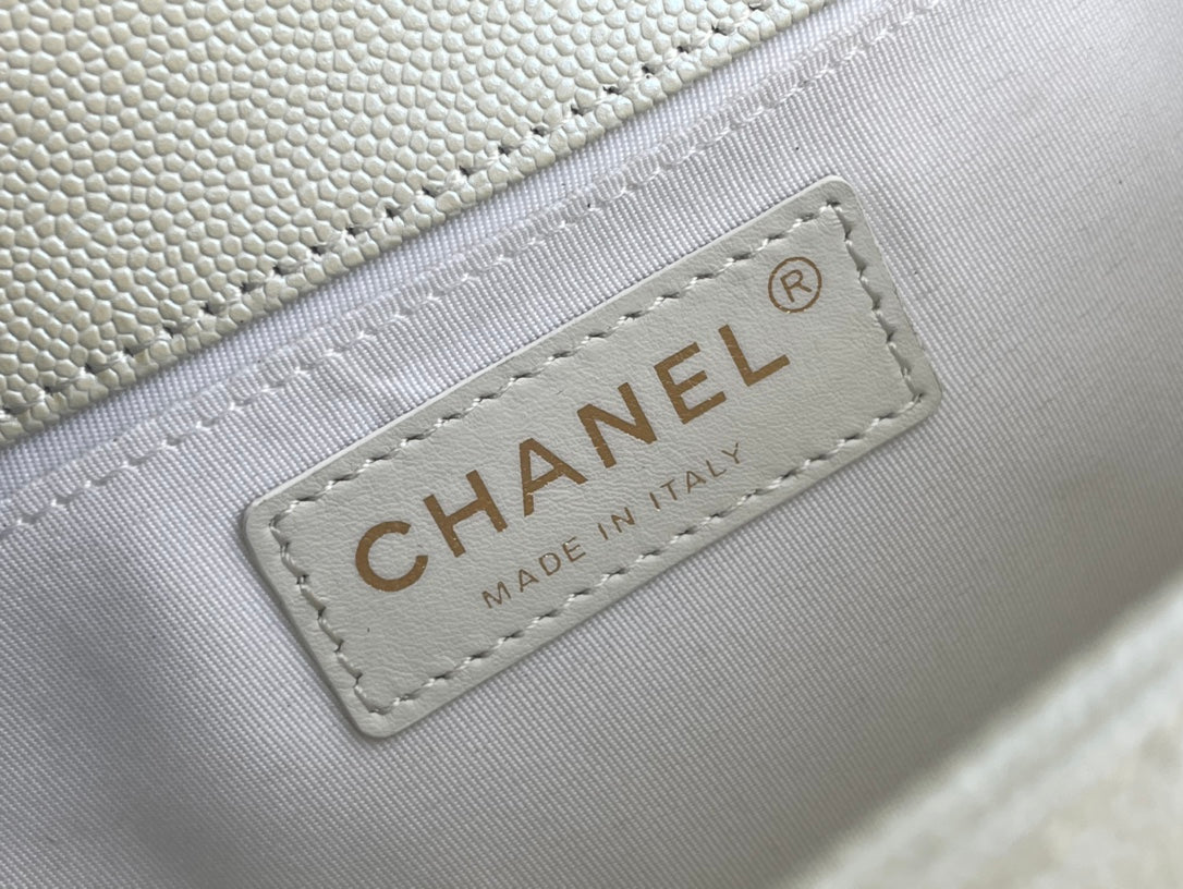Chanel Boy Bag Medium 19K White Caviar Leather Gold Hardware