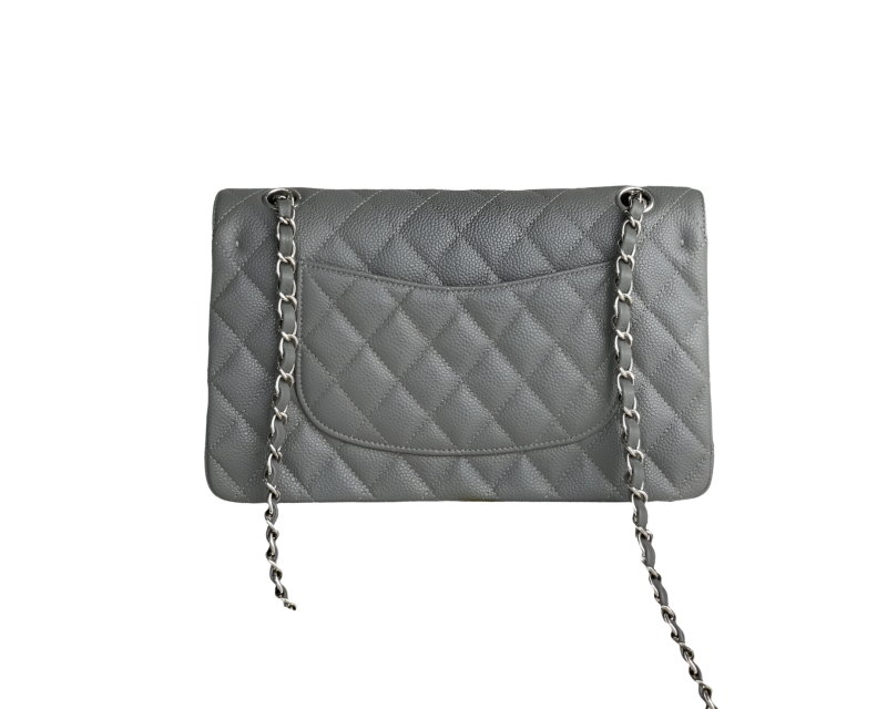 Chanel Classic Flap Bag Medium Gray Caviar Leather with Silver Hardware