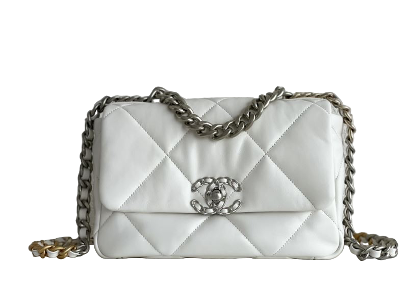 Chanel 19 Flap Bag Small – White Glossy Lambskin with Gold, Silver & Ruthenium Hardware – Preloved Shoulder Bag