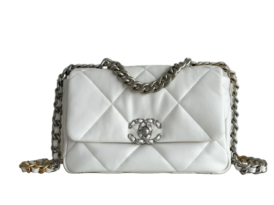 Chanel 19 Flap Bag Small – White Glossy Lambskin with Gold, Silver & Ruthenium Hardware – Preloved Shoulder Bag