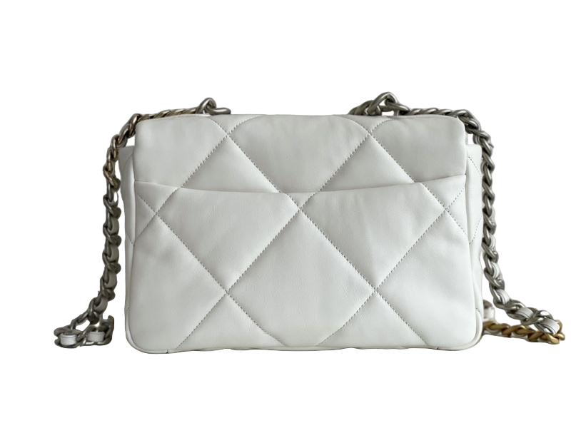 Chanel 19 Flap Bag Small – White Glossy Lambskin with Gold, Silver & Ruthenium Hardware – Preloved Shoulder Bag