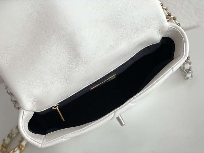 Chanel 19 Flap Bag Small – White Glossy Lambskin with Gold, Silver & Ruthenium Hardware – Preloved Shoulder Bag