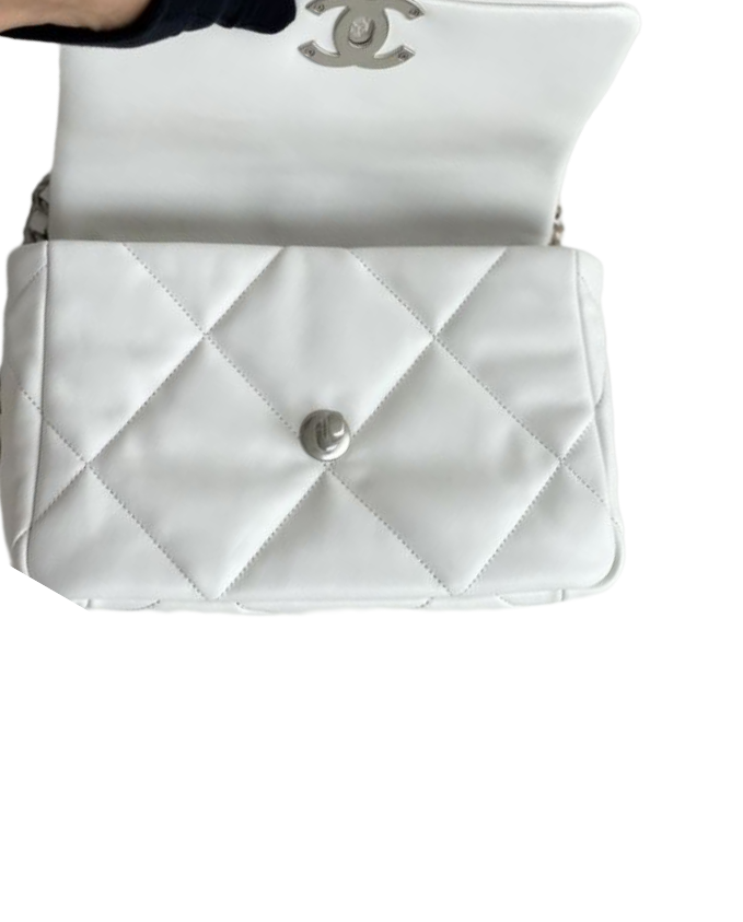 Chanel 19 Flap Bag Small – White Glossy Lambskin with Gold, Silver & Ruthenium Hardware – Preloved Shoulder Bag