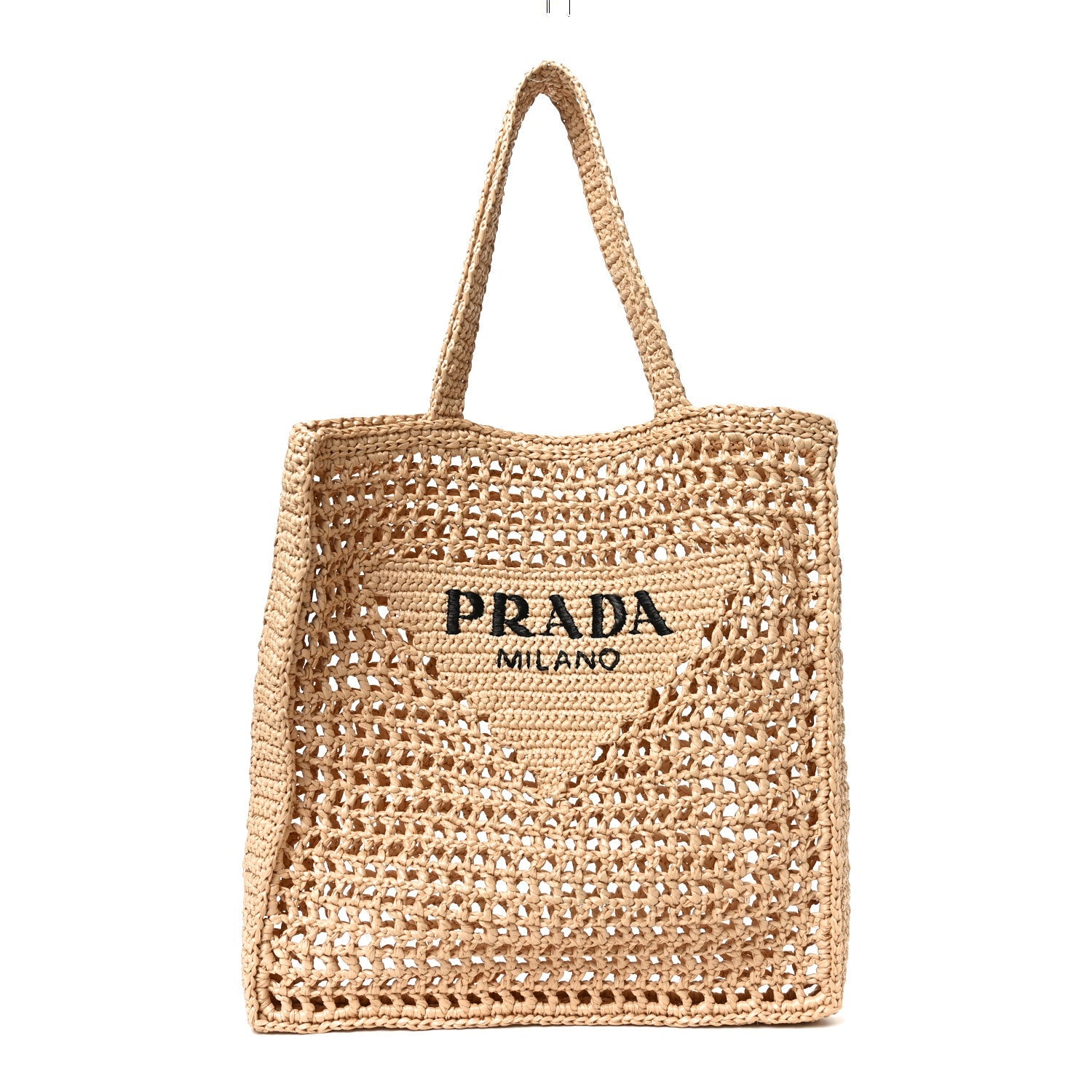 Prada Raffia Effect Crochet Logo Tote Bag Naturale image 1