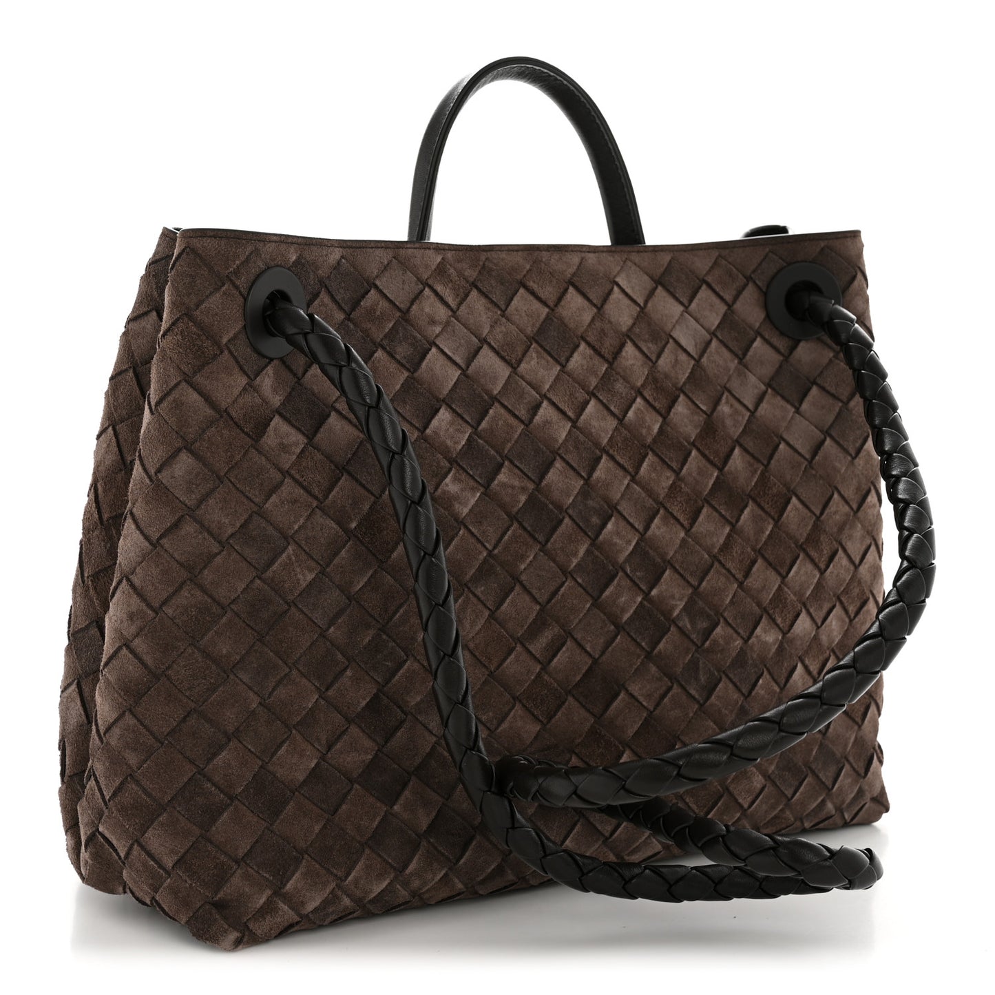 Bottega Veneta Medium Andiamo Shoulder Bag Fondant Dark Brown Suede Intrecciato – PRELOOV