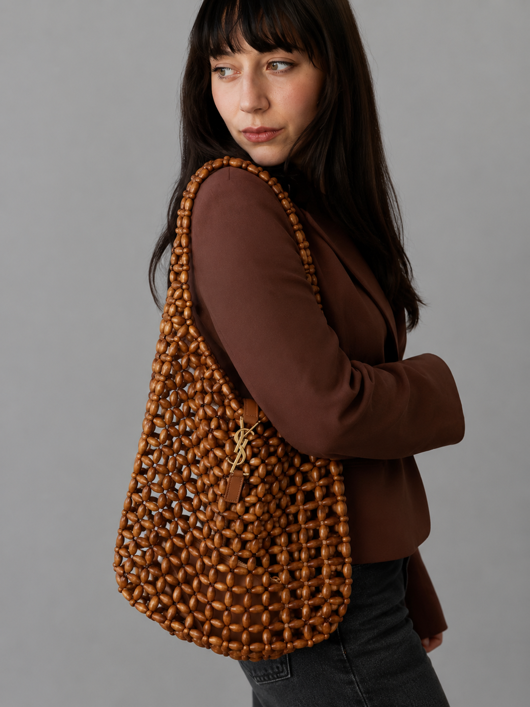Saint Laurent Le 5 À 7 Large Beaded Wood Shoulder Bag Bruin Leer/Hout 35x31x10 cm Goudkleurige Cassandre