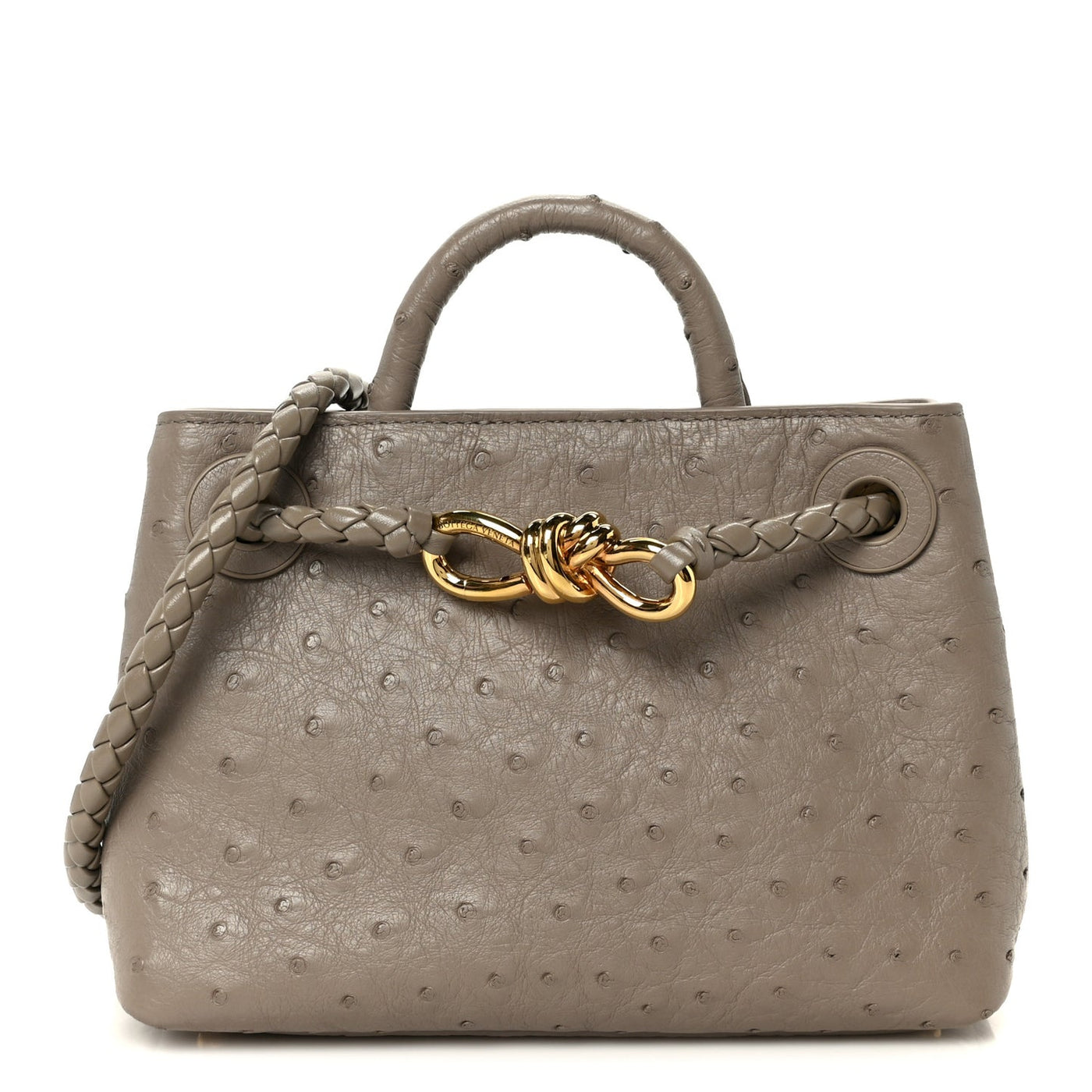 Bottega Veneta Mini Andiamo Shoulder Bag Limestone Grey Ostrich Gold Hardware – PRELOOV