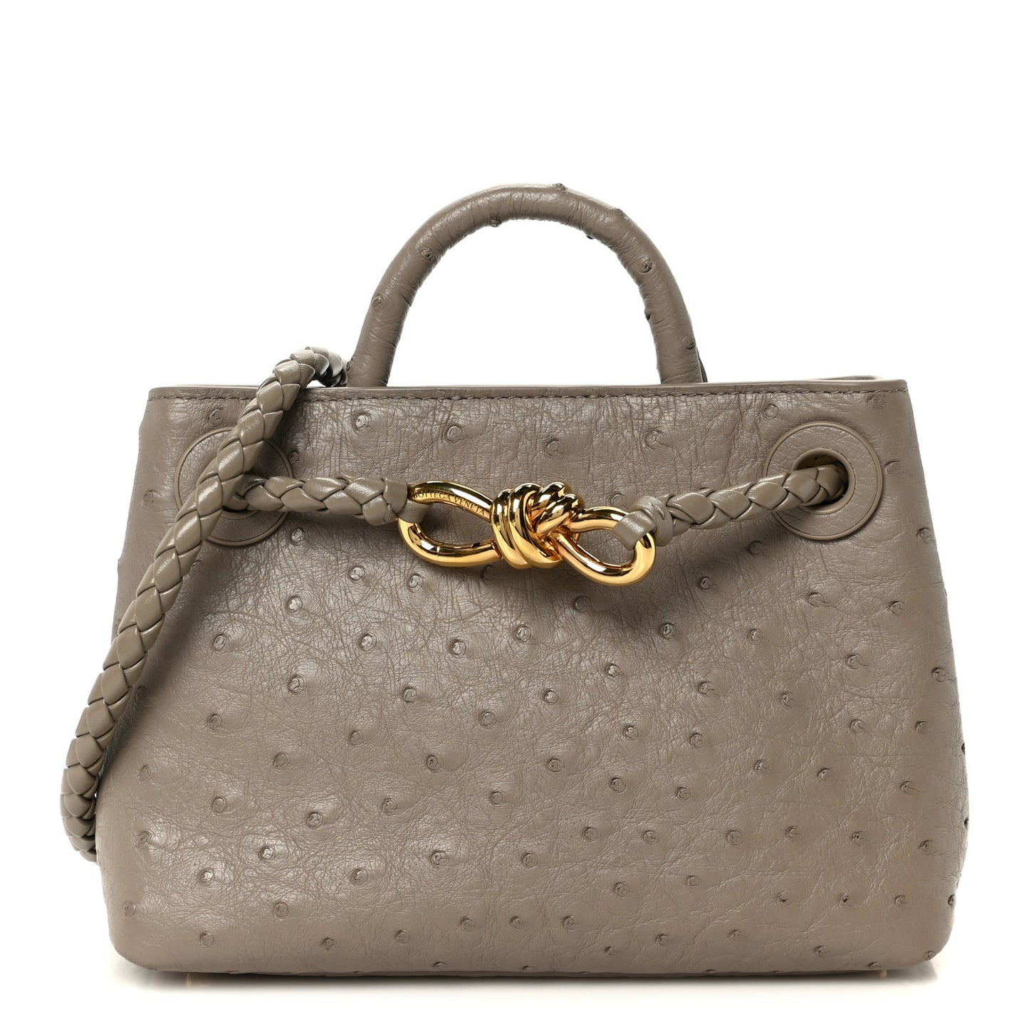 Bottega Veneta Mini Andiamo Shoulder Bag Limestone Grey Ostrich Gold Hardware – PRELOOV
