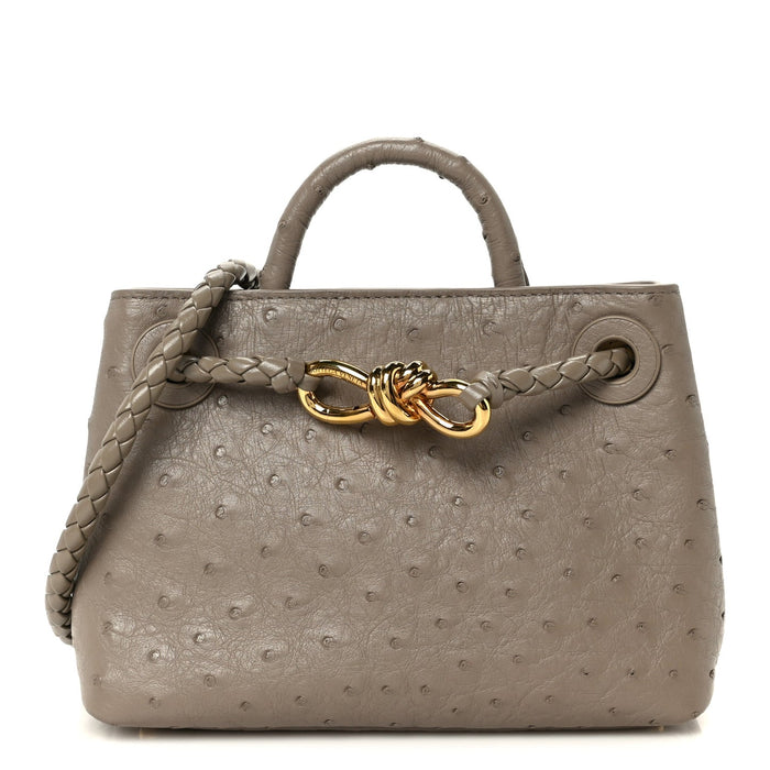 Bottega Veneta Mini Andiamo Shoulder Bag Limestone Grey Ostrich Gold Hardware – PRELOOV