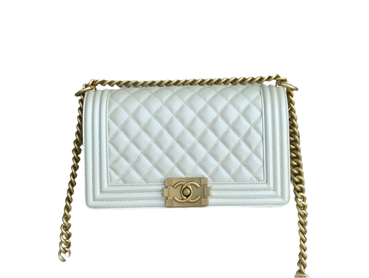 Chanel Boy Bag Medium 19K White Caviar Leather Gold Hardware