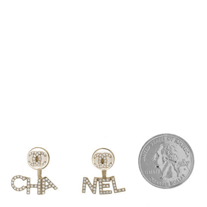 Chanel Crystal Pearl CHA NEL Logo Earrings Gold image 2