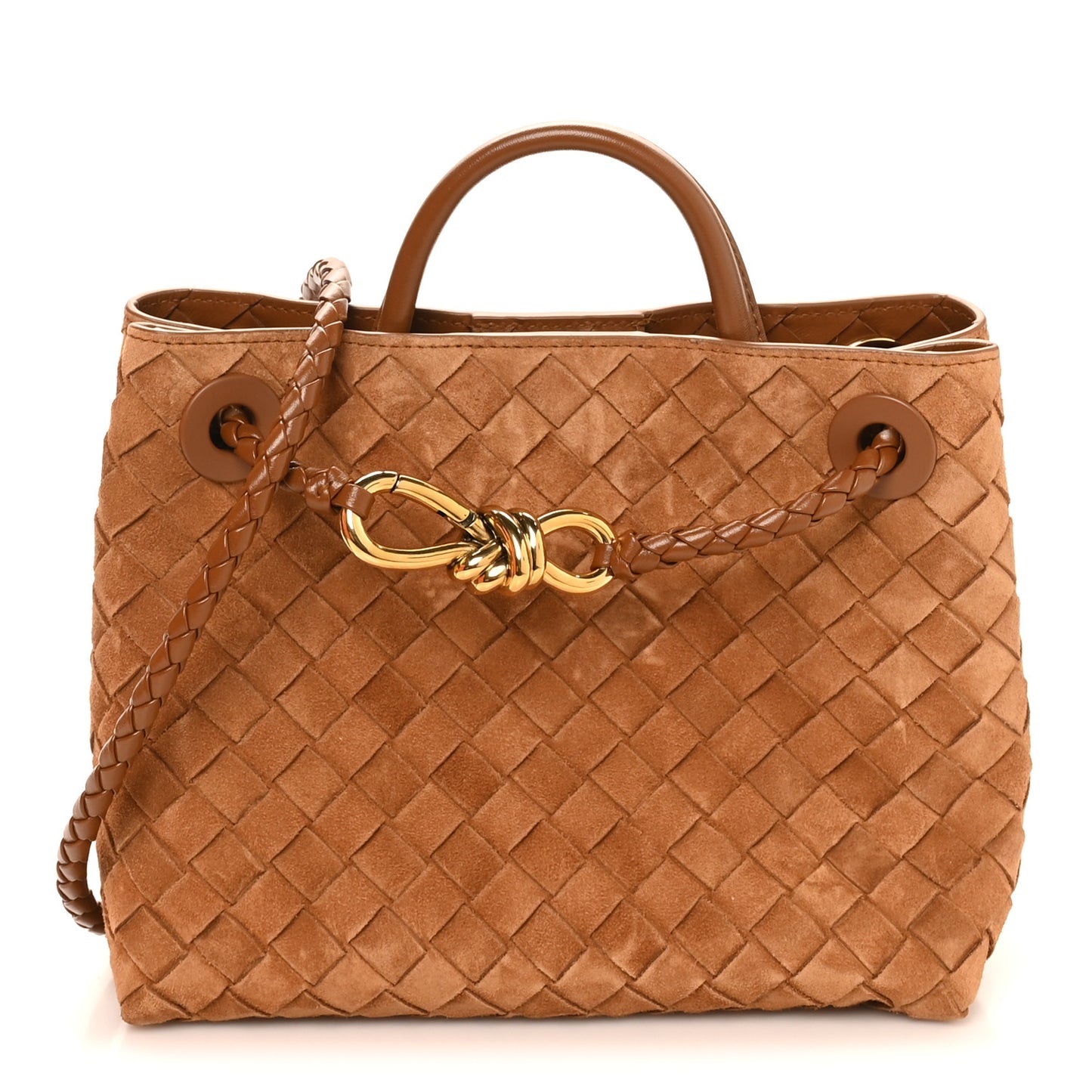 Bottega Veneta Small Andiamo Shoulder Bag Amber Brown Suede Intrecciato Gold Hardware – PRELOOV
