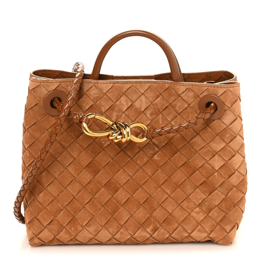 Bottega Veneta Small Andiamo Shoulder Bag Amber Brown Suede Intrecciato Gold Hardware – PRELOOV