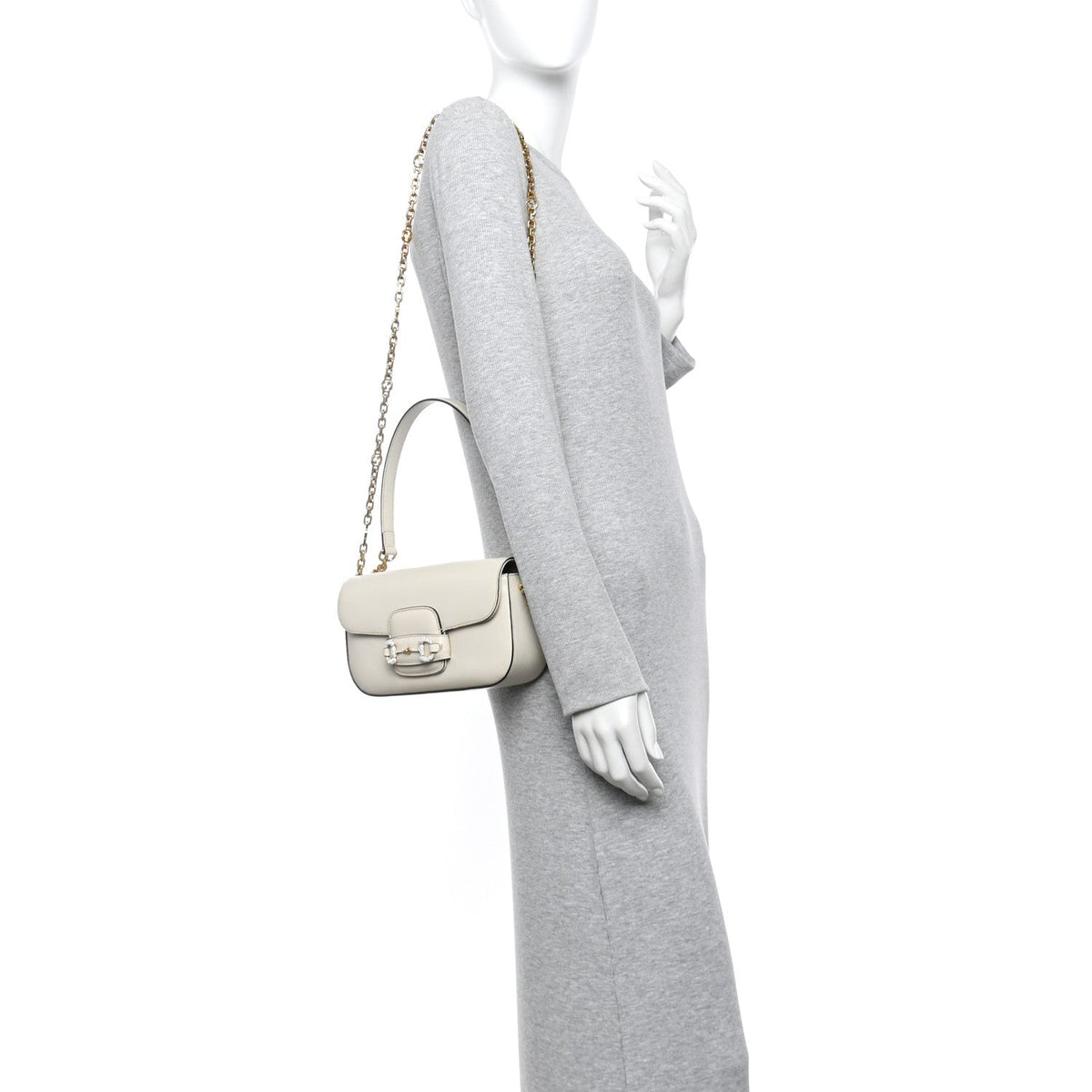 Gucci Horsebit 1955 Small Chain Shoulder Bag White Azalea Crystal Calfskin image 2