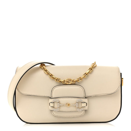 Gucci Horsebit 1955 Small Chain Shoulder Bag White Azalea Crystal Calfskin image 1