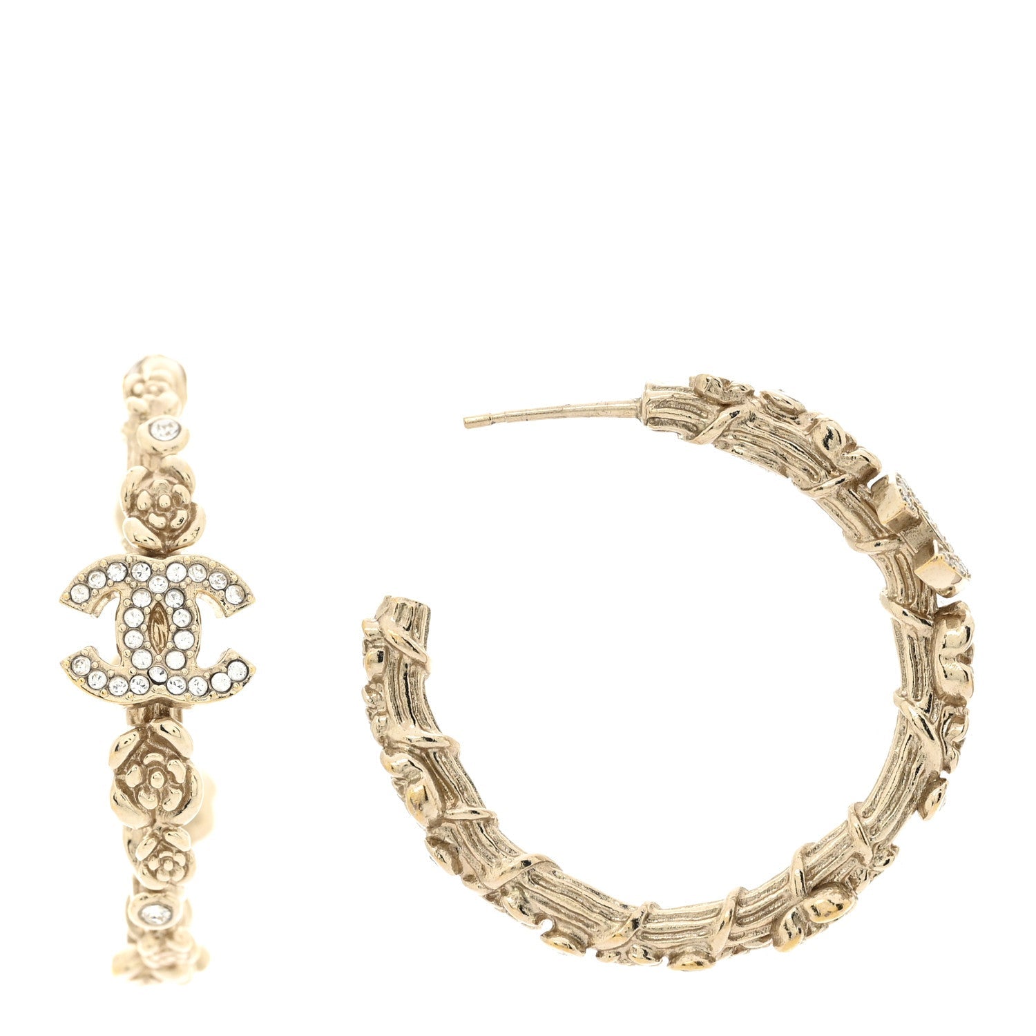 Chanel Crystal Camellia CC Hoop Earrings Gold image 1