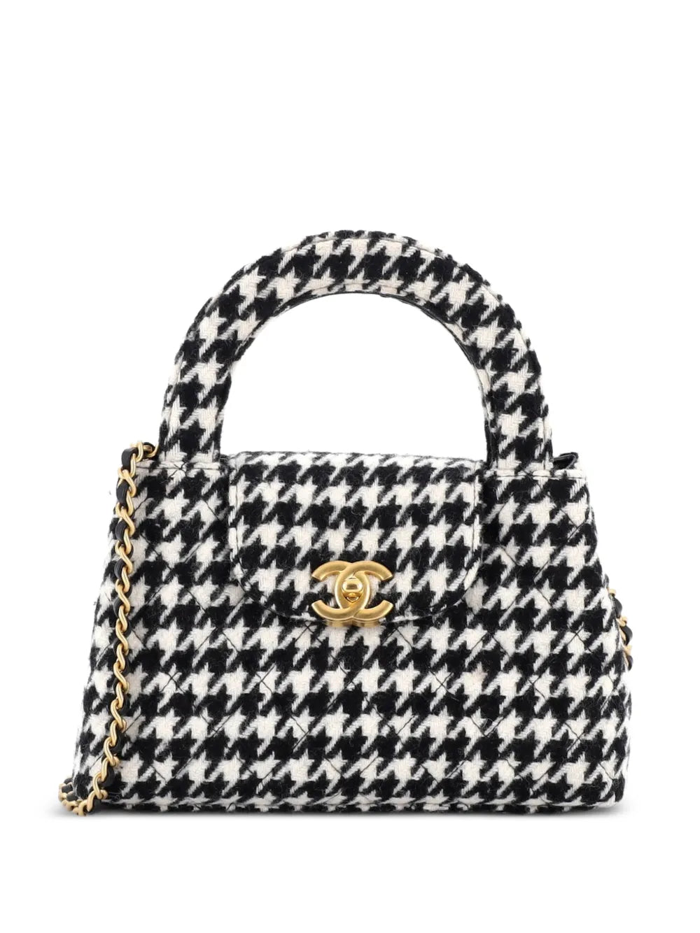 Chanel Kelly Top Handle Shopping Bag Mini Black White Houndstooth Tweed – PRELOOV