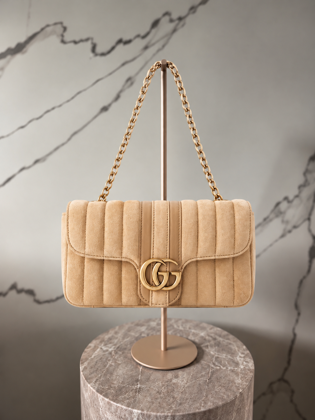 Gucci GG Marmont Jetset Small Quilted Suede Shoulder Bag Beige