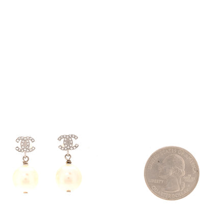 Chanel Crystal Pearl CC Drop Earrings Silver image 3