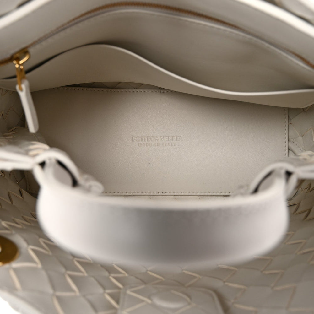 Bottega Veneta Small Andiamo Shoulder Bag White Nappa Intrecciato Gold Knot – PRELOOV