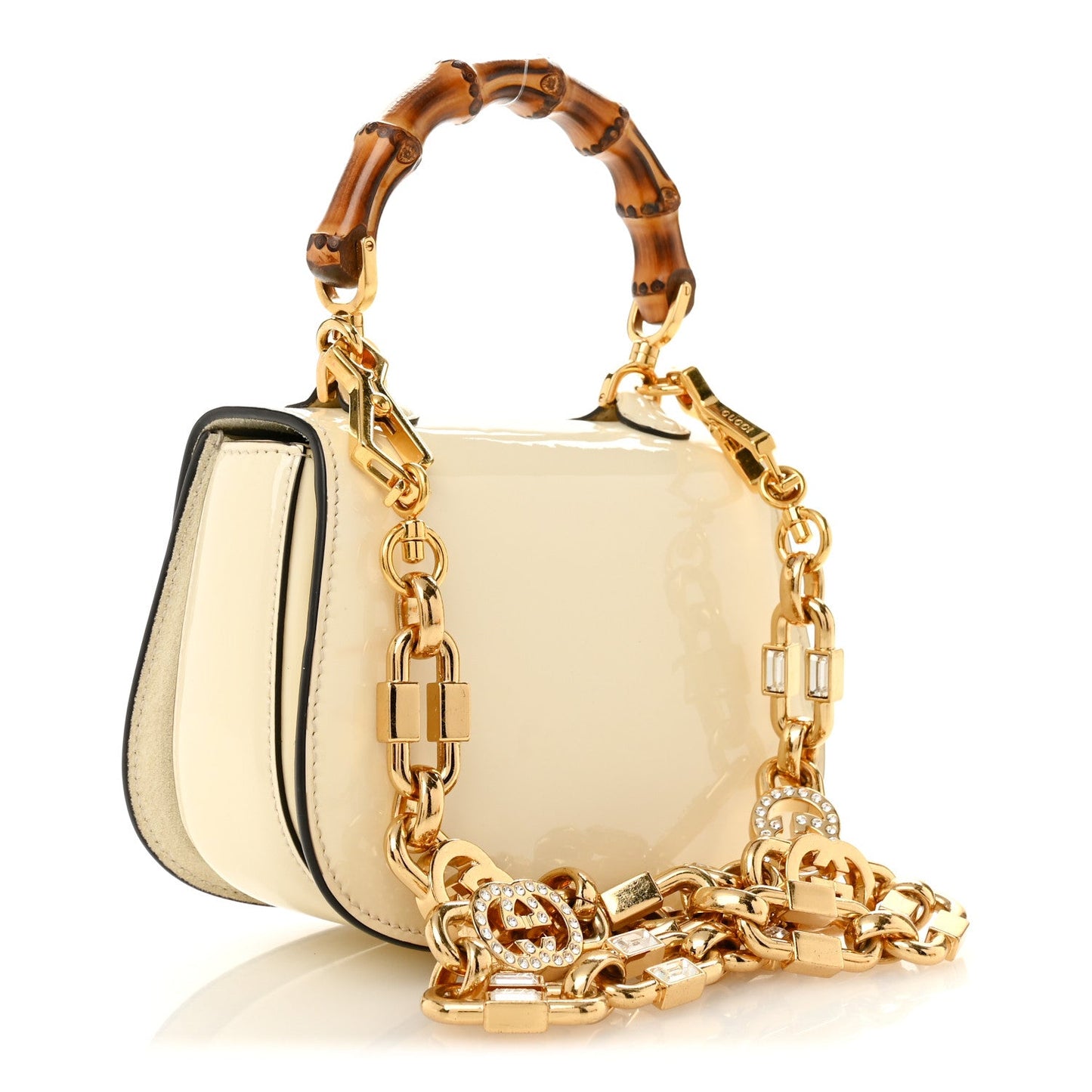 Gucci Bamboo 1947 Mini Top Handle Chain Bag White Patent Crystal image 3