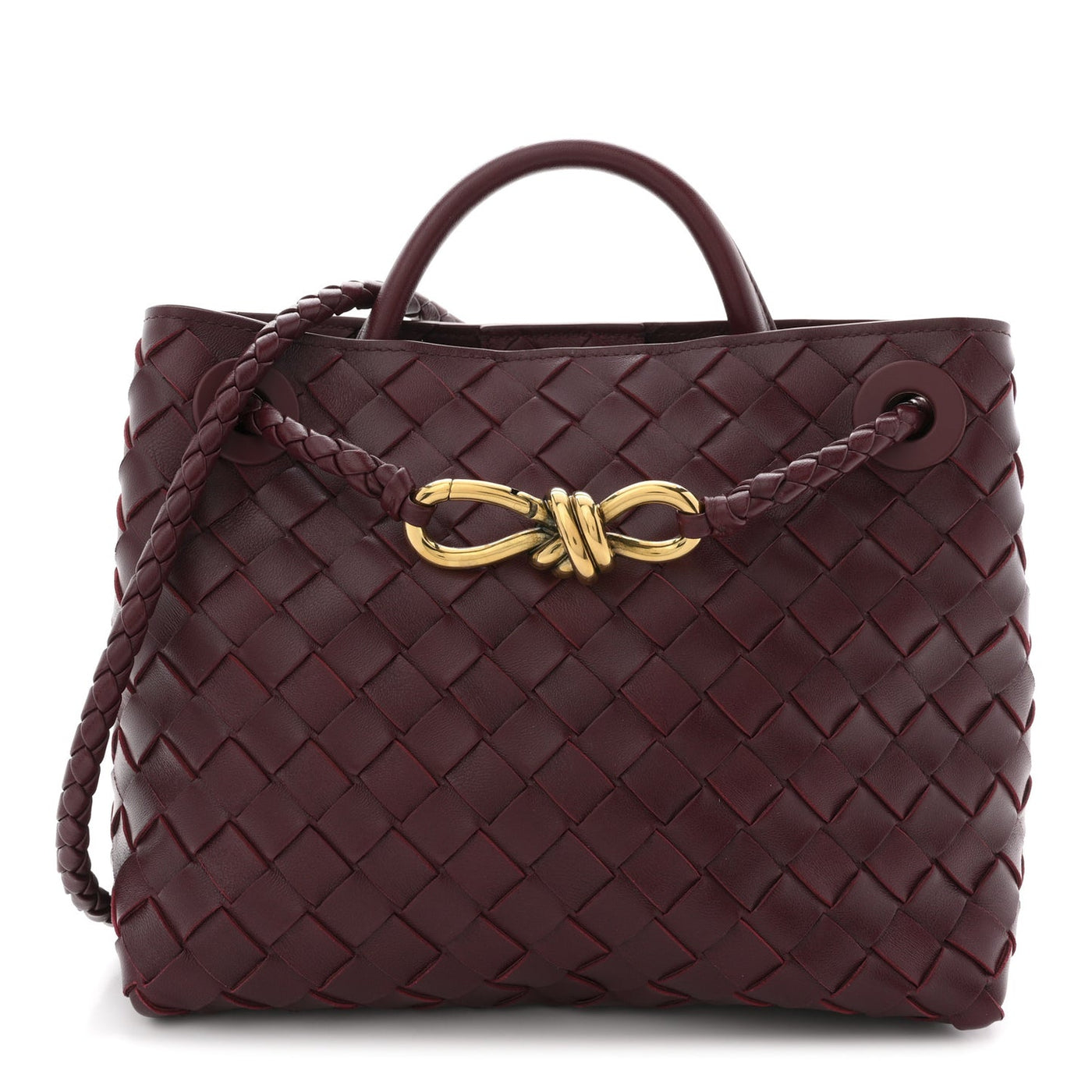 Bottega Veneta Small Andiamo Shoulder Bag Barolo Red Nappa Intrecciato Gold Knot – PRELOOV