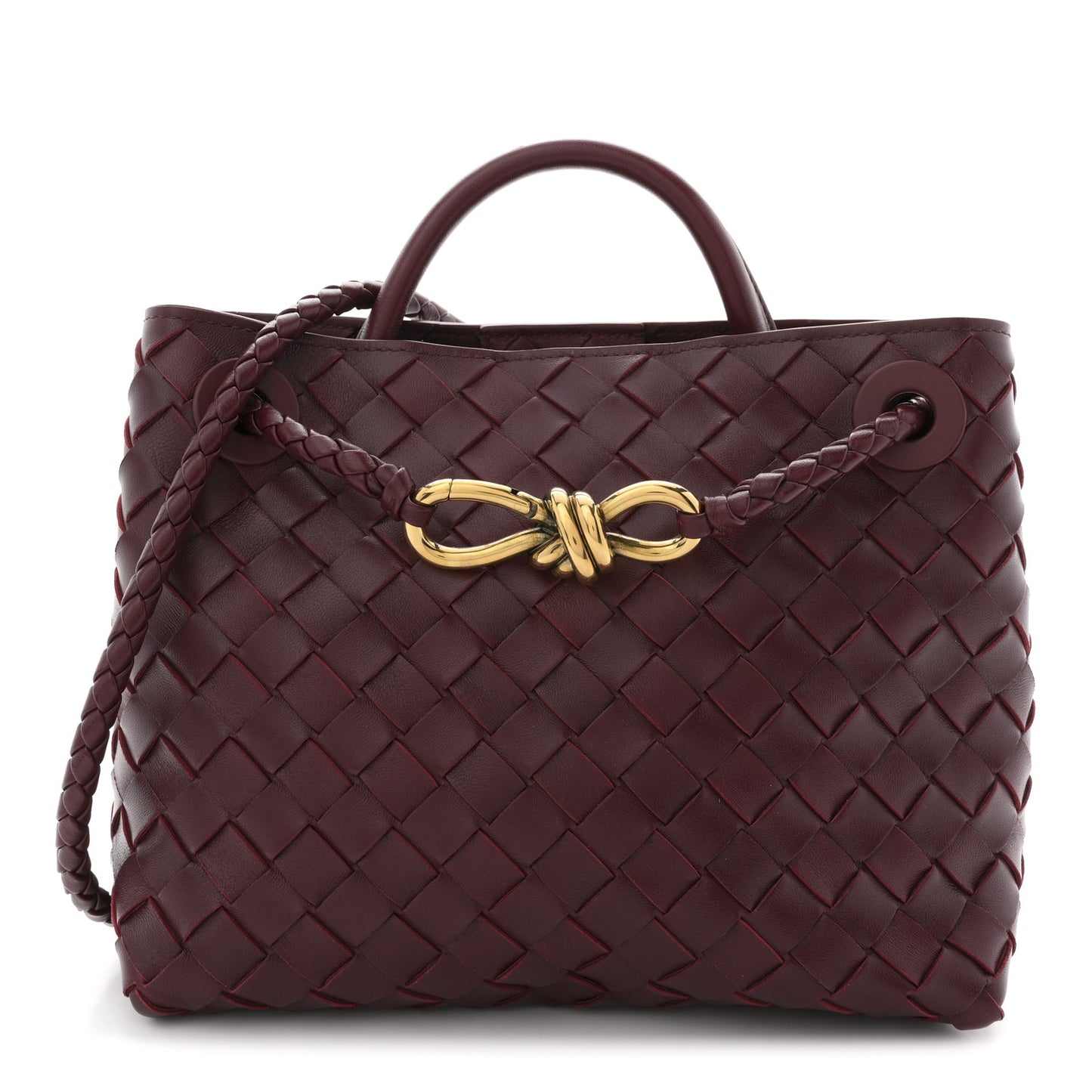 Bottega Veneta Small Andiamo Shoulder Bag Barolo Red Nappa Intrecciato Gold Knot – PRELOOV