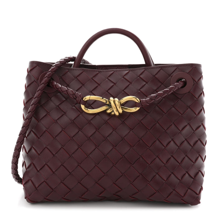 Bottega Veneta Small Andiamo Shoulder Bag Barolo Red Nappa Intrecciato Gold Knot – PRELOOV