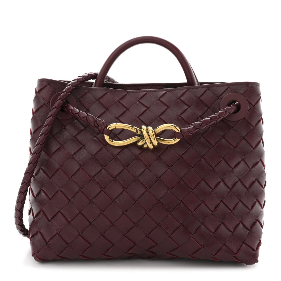 Bottega Veneta Small Andiamo Shoulder Bag Barolo Red Nappa Intrecciato Gold Knot – PRELOOV