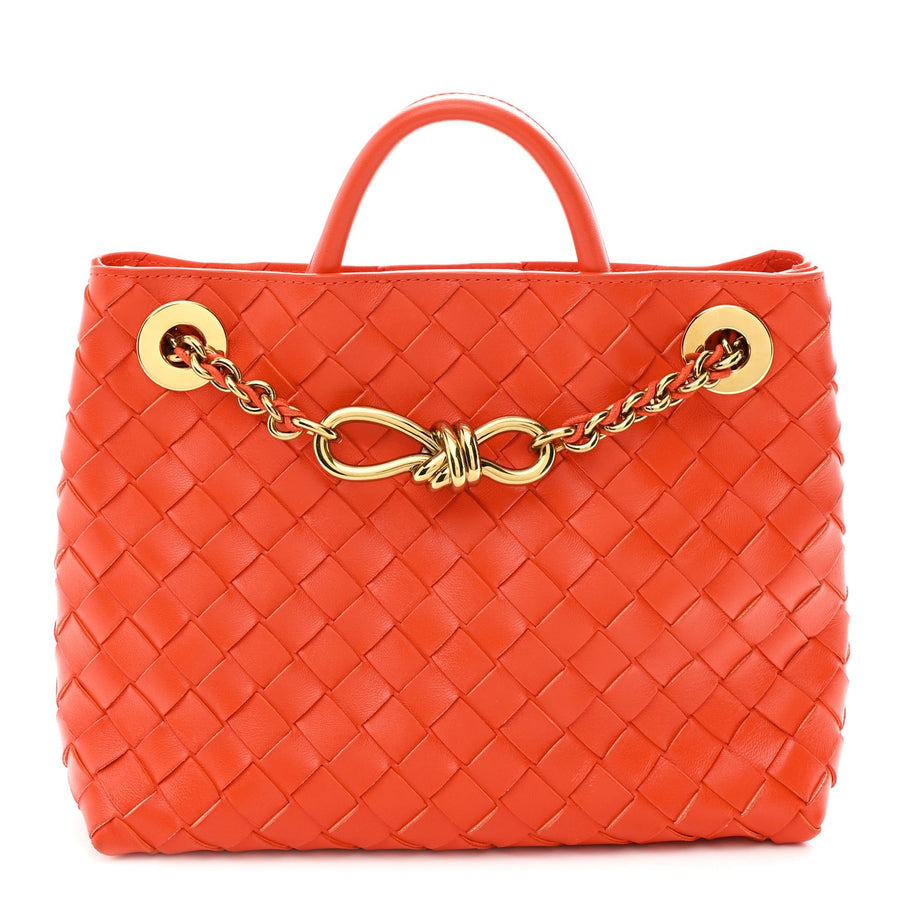 Bottega Veneta Small Andiamo With Chain Shoulder Bag Orange Nappa Intrecciato Gold Chain – PRELOOV