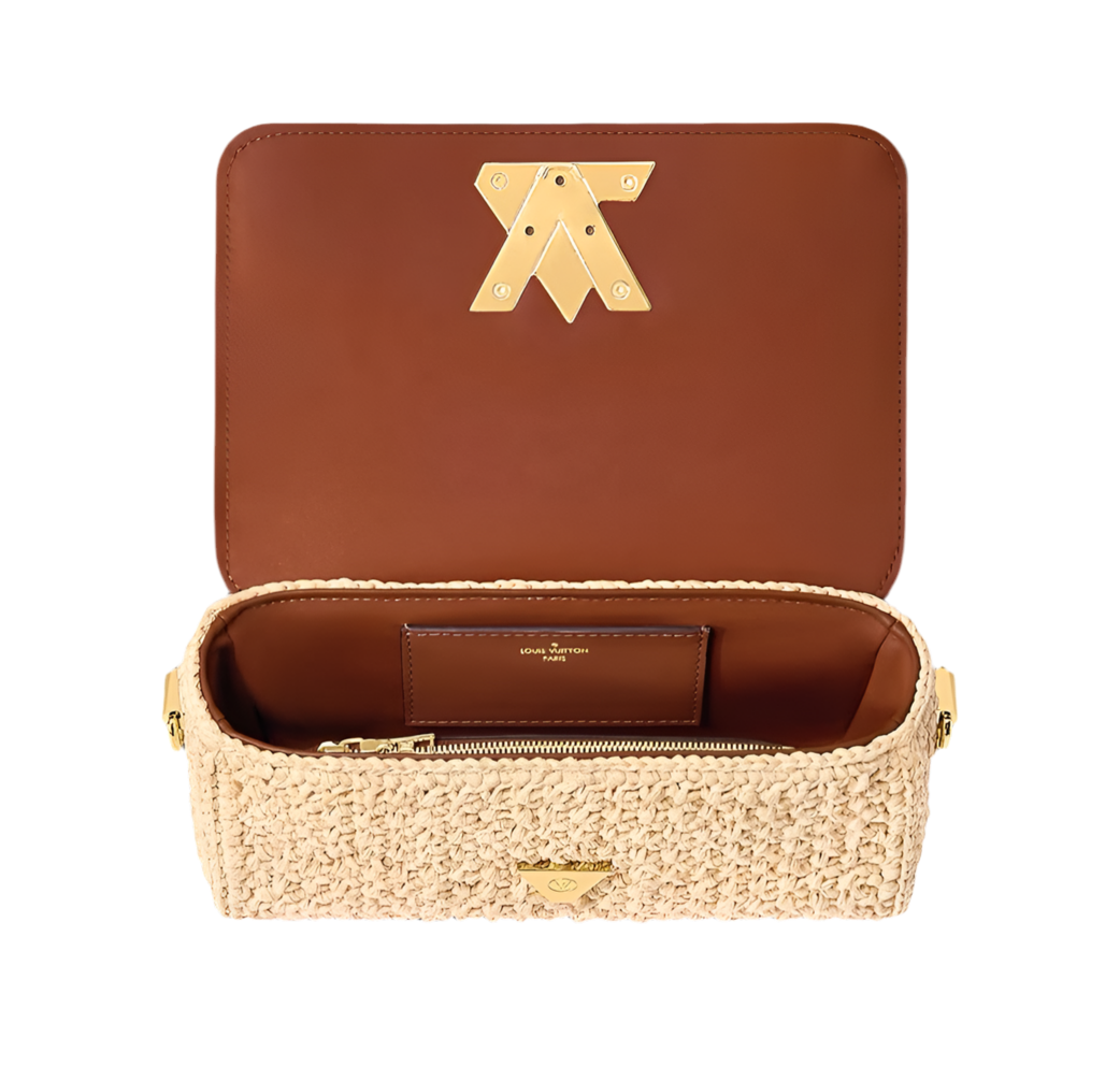 Louis Vuitton Twist West Clutch Raffia Bruin Leer Preloved Designer Bag