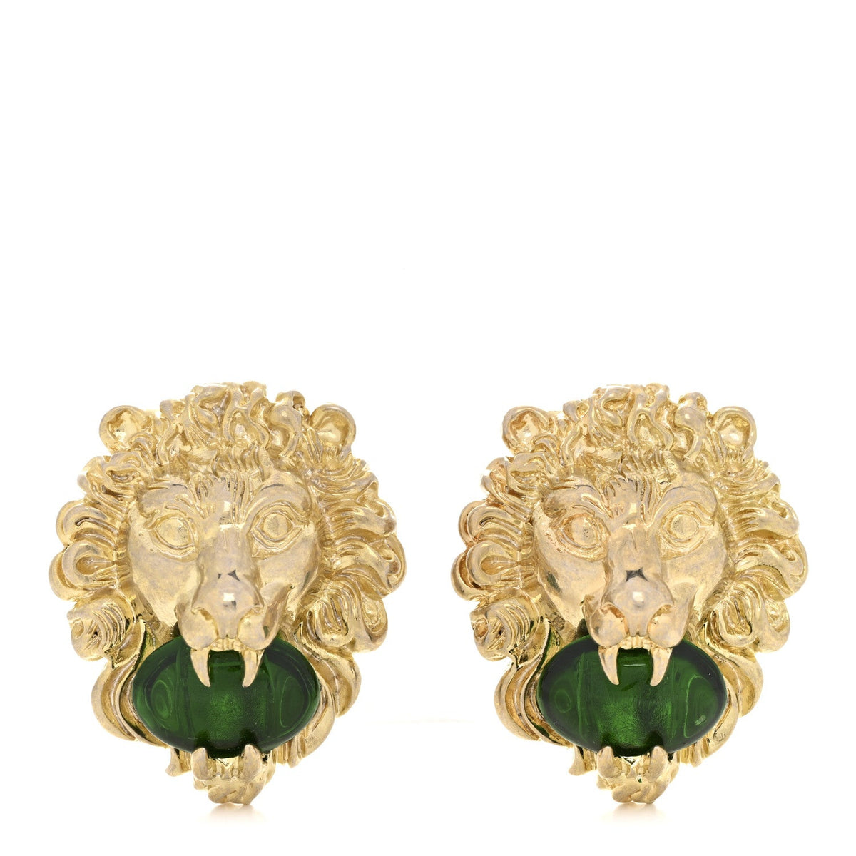 Gucci Lion Head Clip On Earrings Aged Gold Green image 1