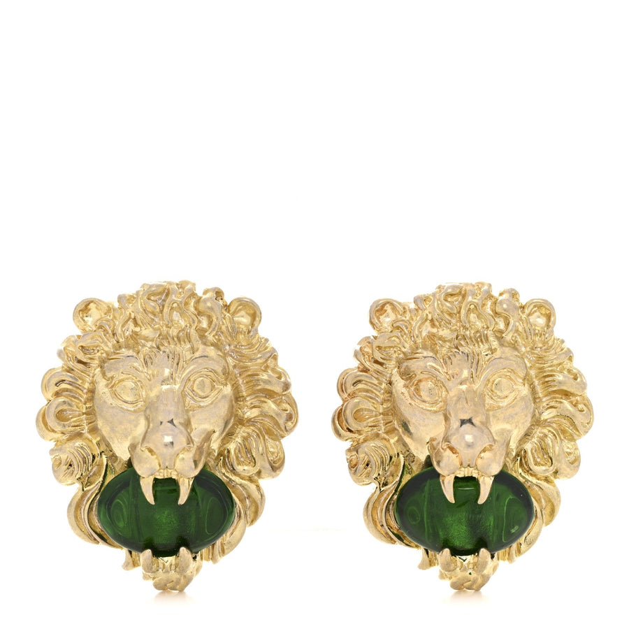 Gucci Lion Head Clip On Earrings Aged Gold Green – PRELOOV