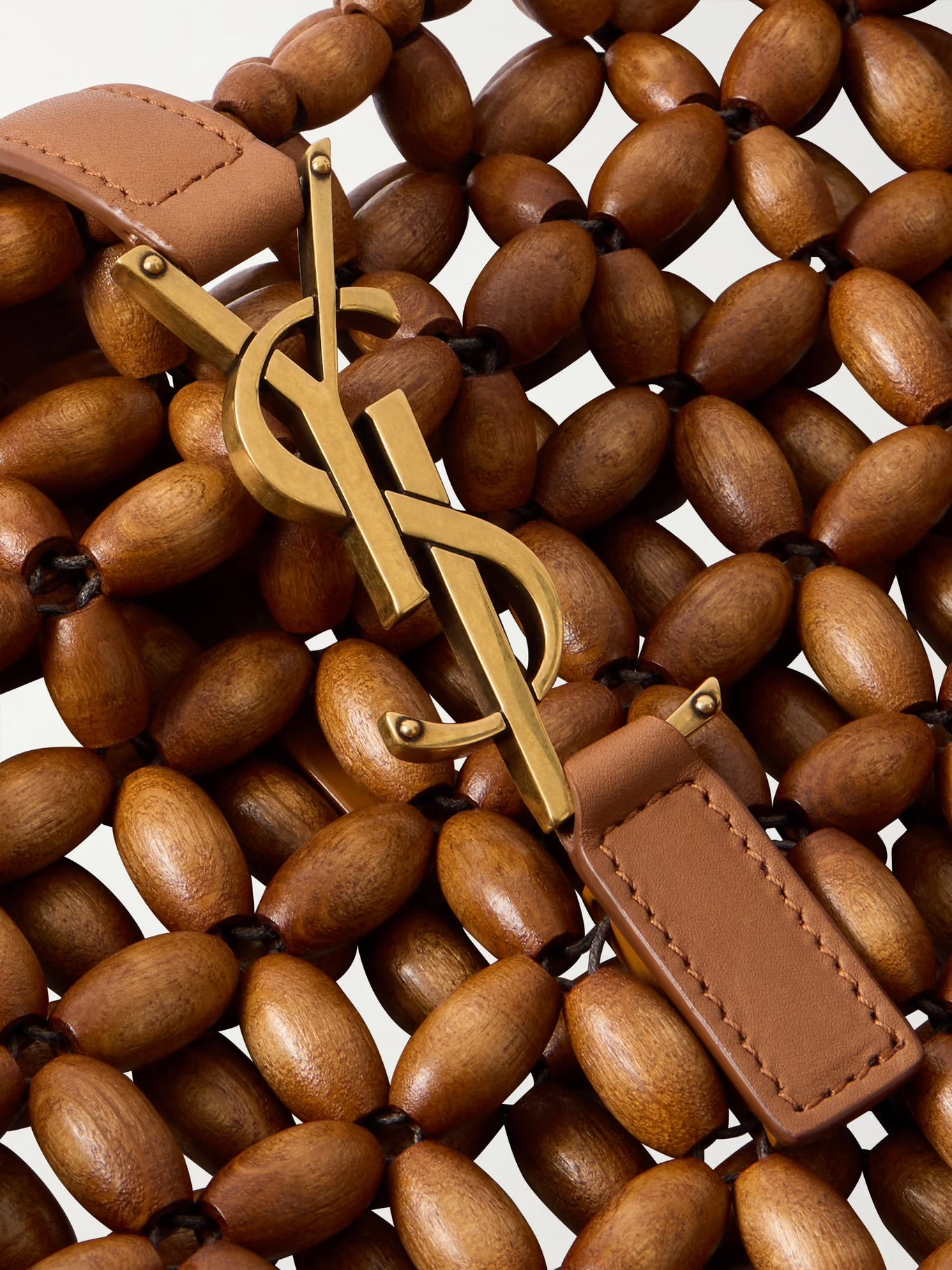 Saint Laurent Le 5 À 7 Large Beaded Wood Shoulder Bag Bruin Leer/Hout 35x31x10 cm Goudkleurige Cassandre