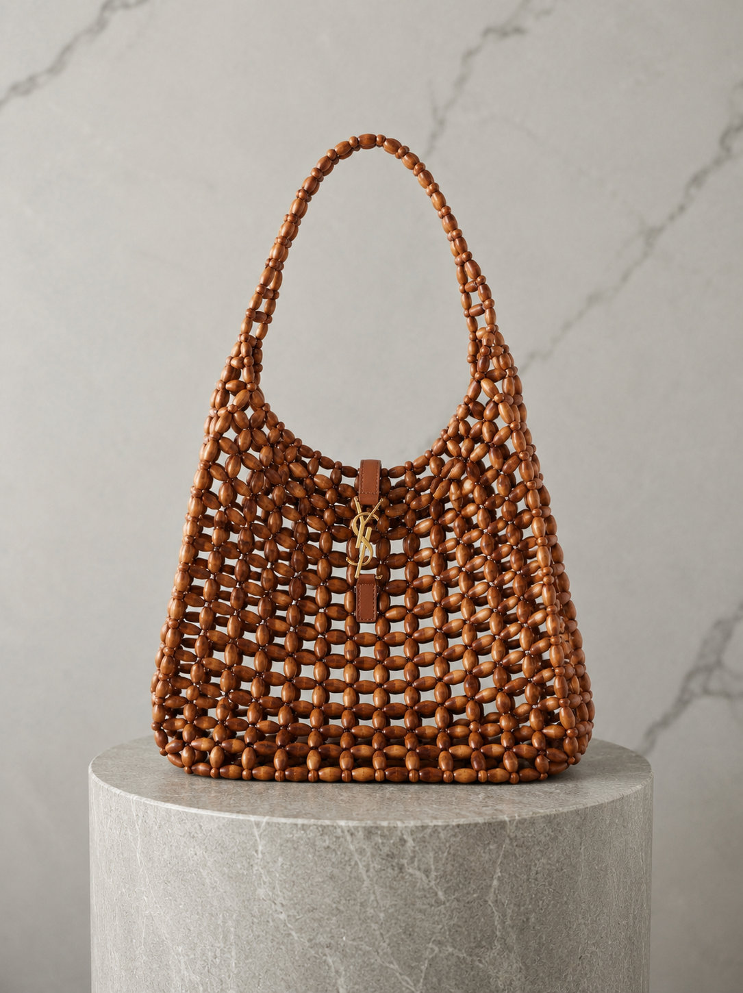 Saint Laurent Le 5 À 7 Large Beaded Wood Shoulder Bag Bruin Leer/Hout 35x31x10 cm Goudkleurige Cassandre